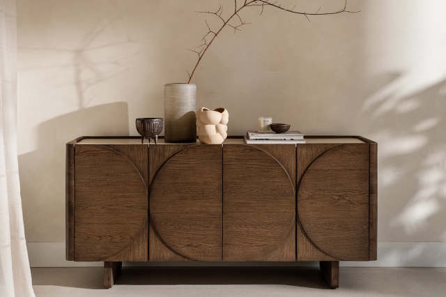 Idless Walnut Finish Wide Sideboard with Travertine Stone Top