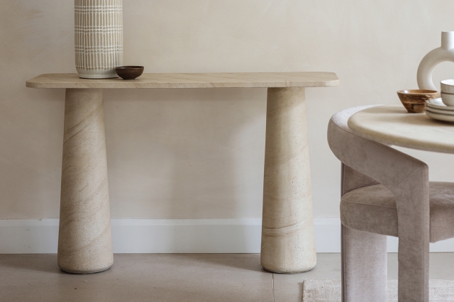 Idless Travertine Stone Console Table with Cylindrical Legs