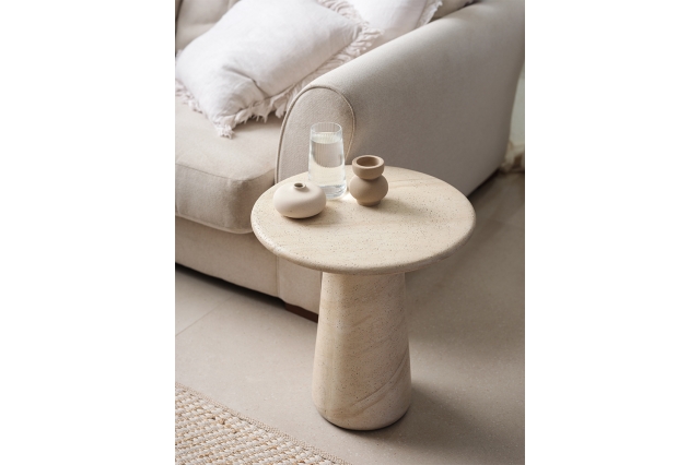 Baker Furniture Idless Travertine Stone Lamp Table with Cylindrical Base