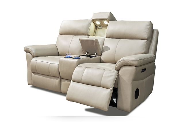 2 seater leather recliner with console best sale