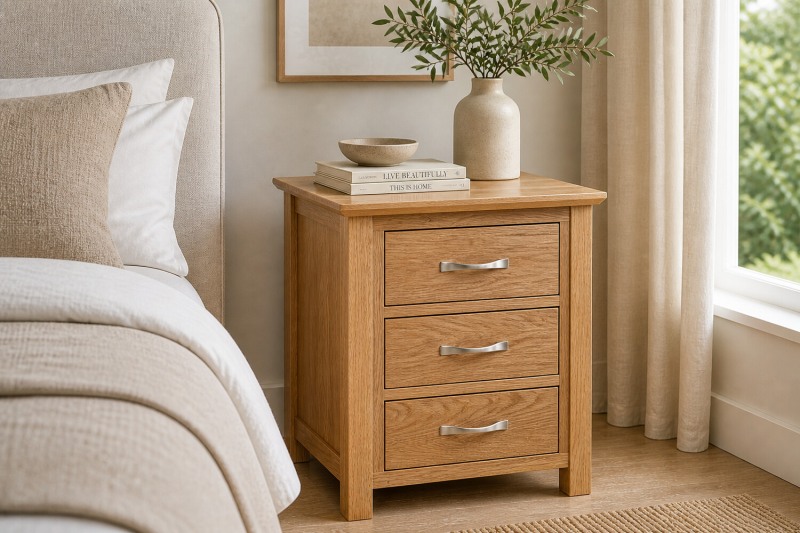 Devon Solid Oak 3 Drawer Bedside Table Devon Solid Oak 3 Drawer Bedside Table