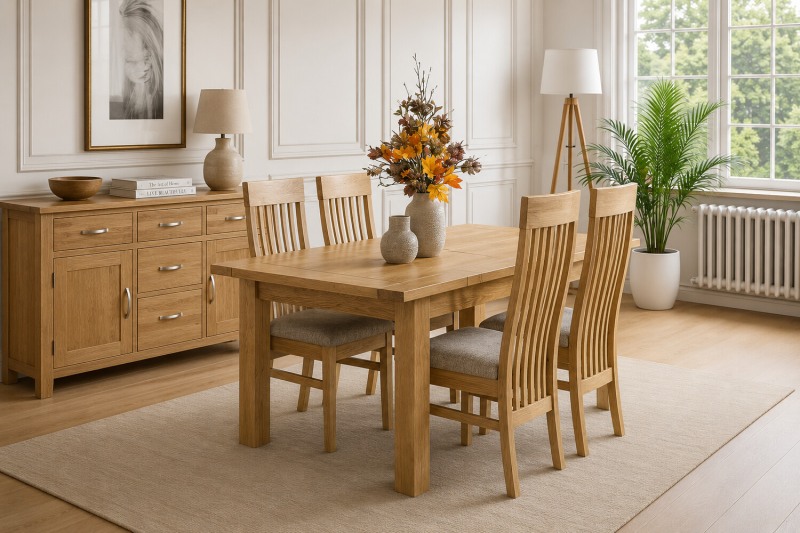 Devon 100% Solid Oak Extending Dining Table & 4 Slatted Back Chairs Devon 100% Solid Oak Extending Dining Table & 4 Slatted Back Chairs
