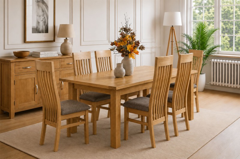 Devon 100% Solid Oak Extending Dining Table & 6 Slatted Back Chairs Devon 100% Solid Oak Extending Dining Table & 6 Slatted Back Chairs
