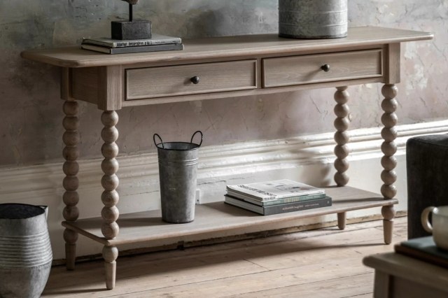 Gallery Direct Artisan Limewash Oak Console Table with Bobbin Detail Gallery Direct Artisan Limewash Oak Console Table with Bobbin Detail