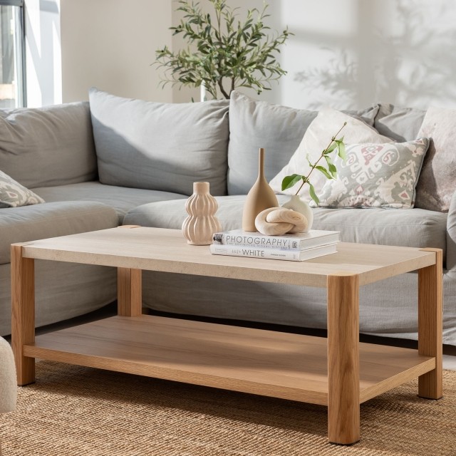 Arlo Natural Oak Coffee Table with Travertine Ceramic Top