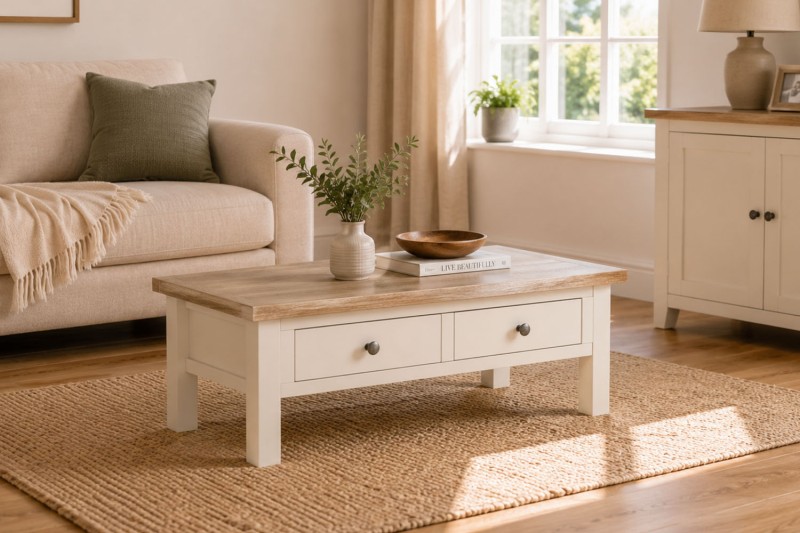 Modern Country Painted Oak Coconut White Coffee Table with Drawer Modern Country Painted Oak Coconut White Coffee Table with Drawer
