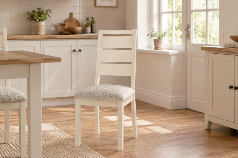 Modern Country Painted Oak Coconut White Dining Chair with Boucle White Seat (Pair) Modern Country Painted Oak Coconut White Dining Chair with Boucle White Seat (Pair)