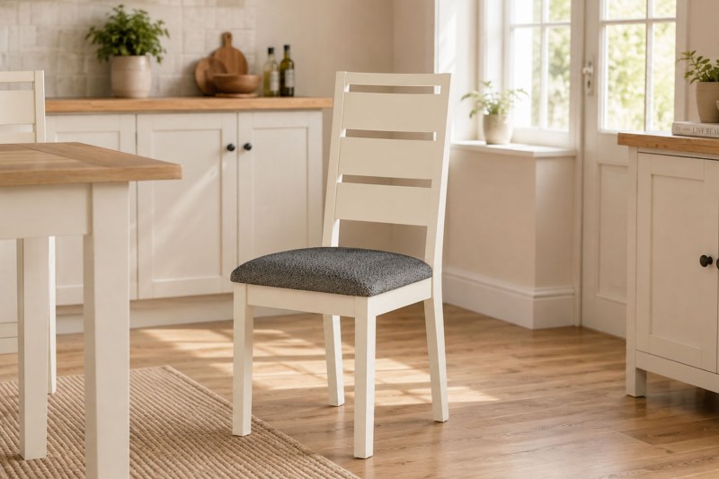 Modern Country Painted Oak Coconut White Dining Chair with Boucle Grey Seat (Pair) Modern Country Painted Oak Coconut White Dining Chair with Boucle Grey Seat (Pair)