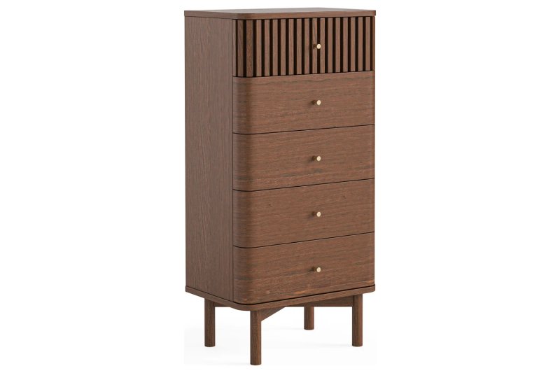Soho Brown Oak Slatted Tallboy Chest of Drawers - Shorwell