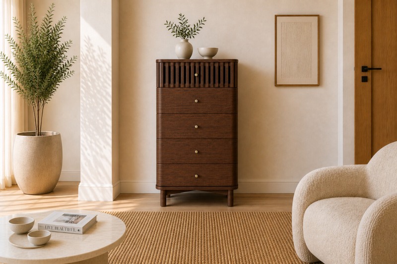 Soho Brown Oak Slatted Tallboy Chest of Drawers Soho Brown Oak Slatted Tallboy Chest of Drawers