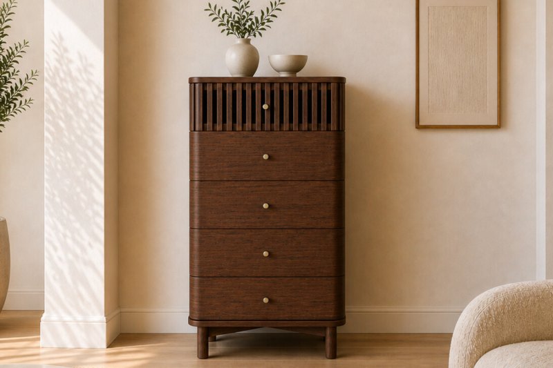 Soho Brown Oak Slatted Tallboy Chest of Drawers - Shorwell