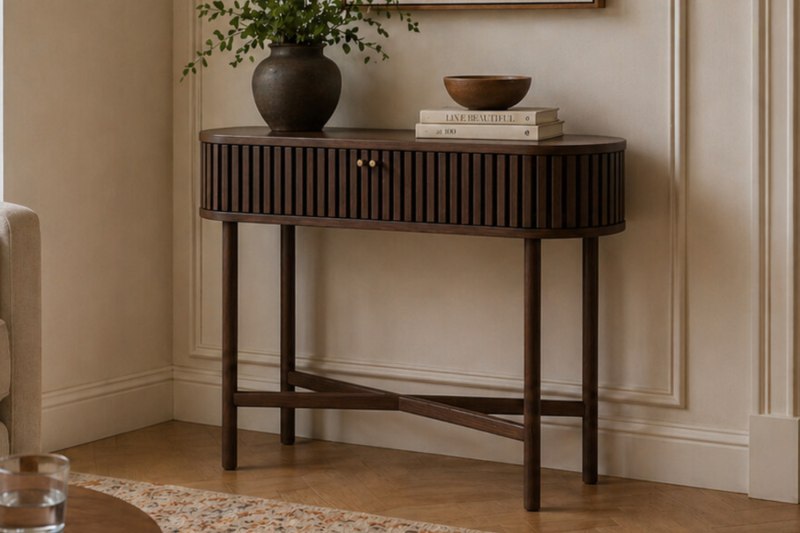 Soho Brown Oak Slatted Oval Console Table Soho Brown Oak Slatted Oval Console Table