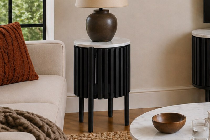 Soho Black Oak Slatted Story Side Table with Marble Top Soho Black Oak Slatted Story Side Table with Marble Top