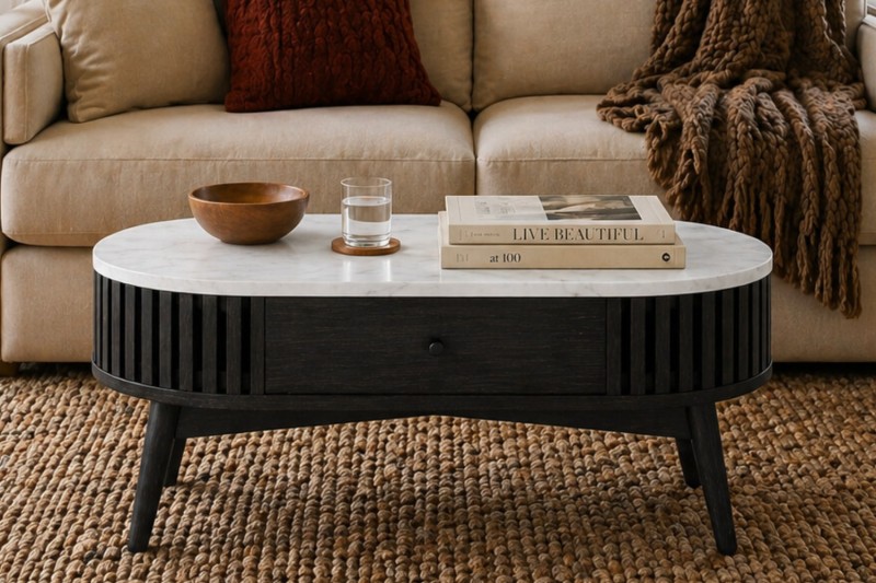 Soho Black Oak Slatted Oval Coffee Table with Marble Top Soho Black Oak Slatted Oval Coffee Table with Marble Top