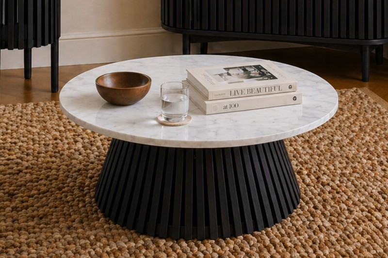 Soho Black Oak Slatted Round Coffee Table with Marble Top Soho Black Oak Slatted Round Coffee Table with Marble Top