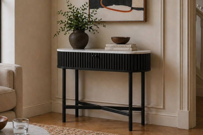 Soho Black Oak Slatted Oval Console Table with Marble Top Soho Black Oak Slatted Oval Console Table with Marble Top