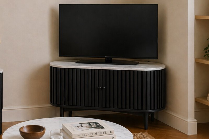 Soho Black Oak Slatted Corner TV Unit with Marble Top Soho Black Oak Slatted Corner TV Unit with Marble Top
