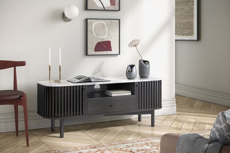 Soho Black Oak Slatted Small TV Unit with Marble Top Soho Black Oak Slatted Small TV Unit with Marble Top
