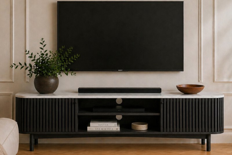 Soho Black Oak Slatted Large TV Unit with Marble Top Soho Black Oak Slatted Large TV Unit with Marble Top
