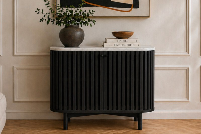 Soho Black Oak Slatted Small Sideboard with Marble Top Soho Black Oak Slatted Small Sideboard with Marble Top