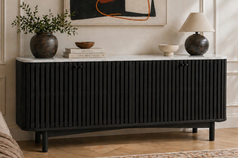 Soho Black Oak Slatted Large Sideboard with Marble Top Soho Black Oak Slatted Large Sideboard with Marble Top