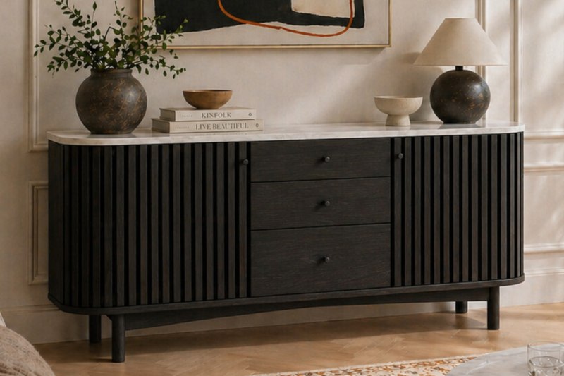 Soho Black Oak Slatted Sideboard with Drawers & Marble Top Soho Black Oak Slatted Sideboard with Drawers & Marble Top