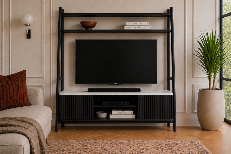 Soho Black Oak Slatted 137cm Ladder TV Unit with Marble Top Soho Black Oak Slatted 137cm Ladder TV Unit with Marble Top
