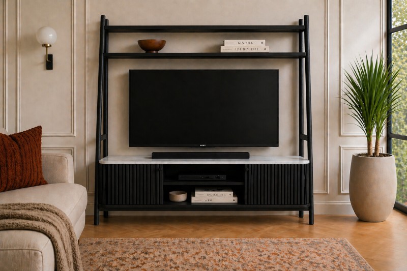 Soho Black Oak Slatted 165cm Ladder TV Unit with Marble Top Soho Black Oak Slatted 165cm Ladder TV Unit with Marble Top