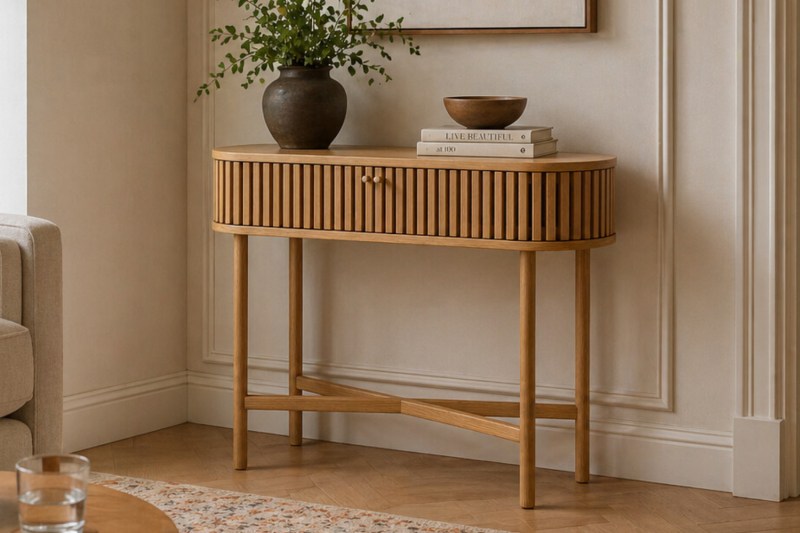 Soho Natural Oak Slatted Oval Console Table Soho Natural Oak Slatted Oval Console Table