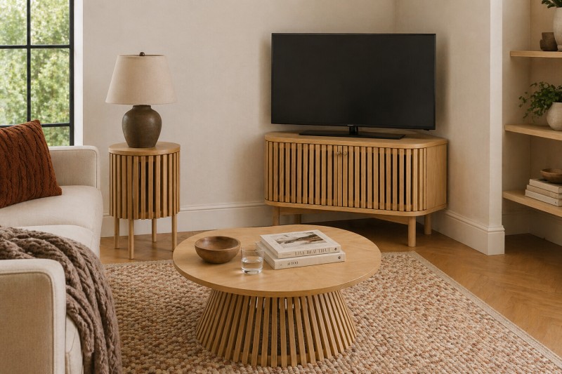 Soho Natural Oak Slatted Corner TV Unit - Shorwell | Furniture World