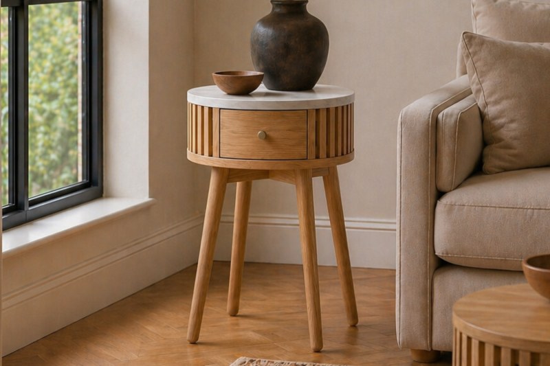 Soho Natural Oak Slatted Round Side Table with Marble Top Soho Natural Oak Slatted Round Side Table with Marble Top