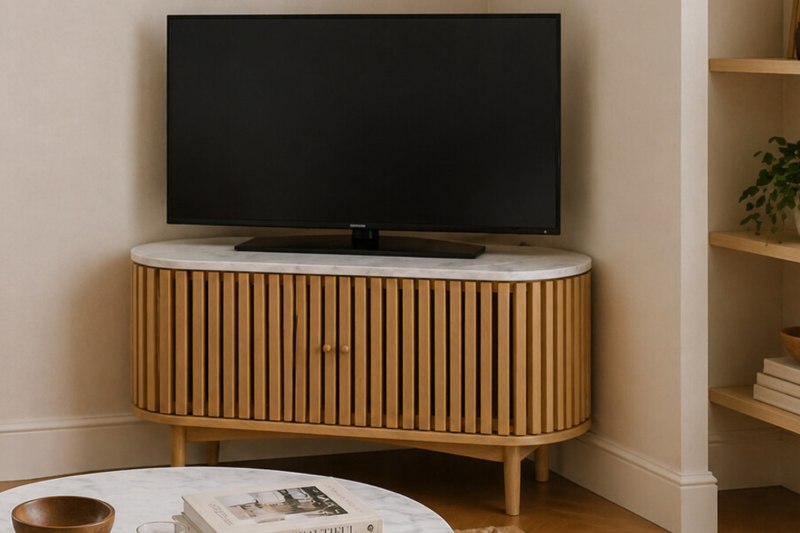 Soho Natural Oak Slatted Corner TV Unit with Marble Top Soho Natural Oak Slatted Corner TV Unit with Marble Top
