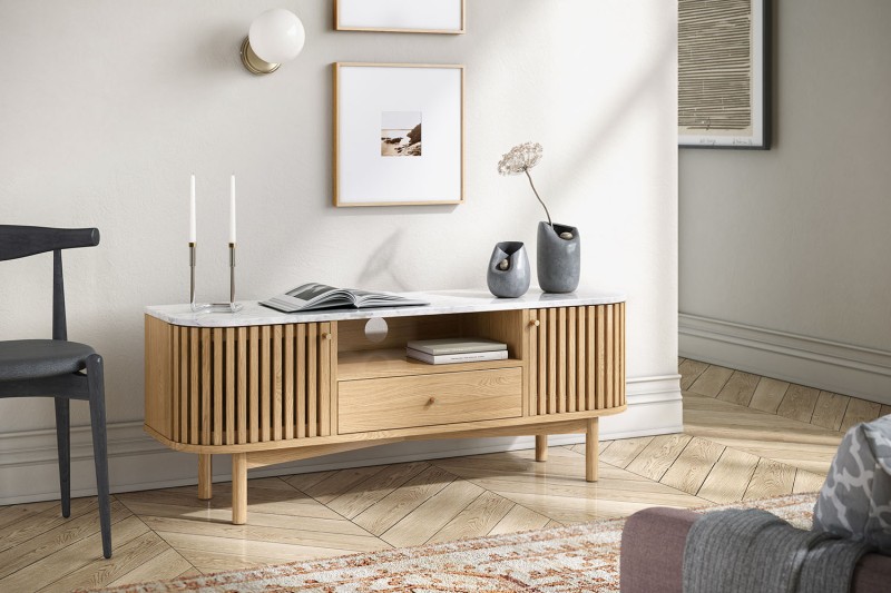 Soho Natural Oak Slatted Small TV Unit with Marble Top Soho Natural Oak Slatted Small TV Unit with Marble Top