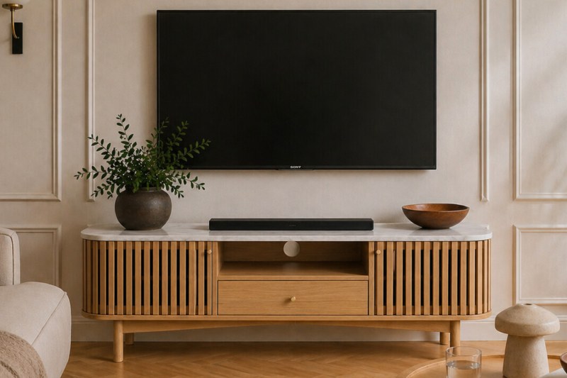 Soho Natural Oak Slatted Small TV Unit with Marble Top Soho Natural Oak Slatted Small TV Unit with Marble Top
