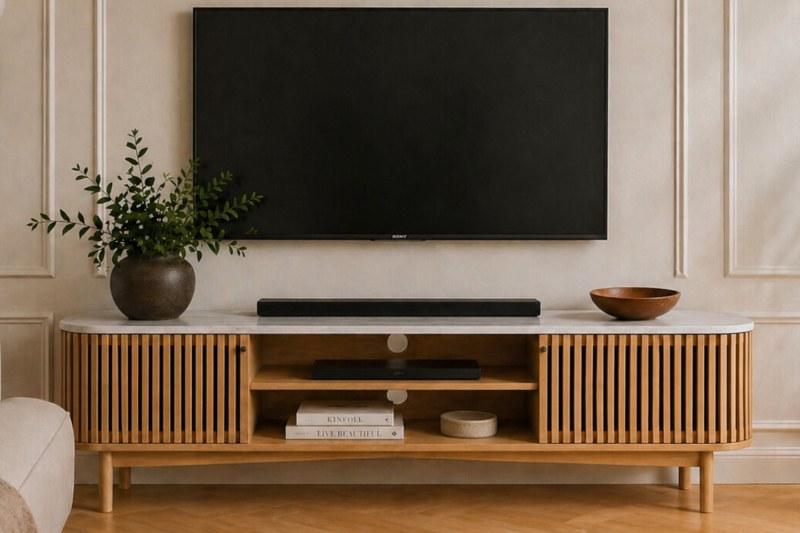 Soho Natural Oak Slatted Large TV Unit with Marble Top Soho Natural Oak Slatted Large TV Unit with Marble Top