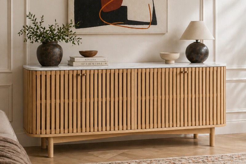 Soho Natural Oak Slatted Large Sideboard with Marble Top Soho Natural Oak Slatted Large Sideboard with Marble Top
