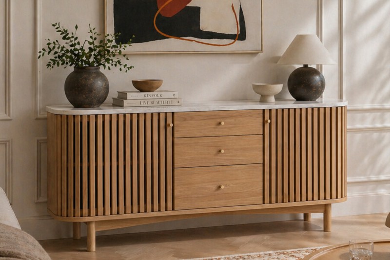 Soho Natural Oak Slatted Sideboard with Drawers & Marble Top Soho Natural Oak Slatted Sideboard with Drawers & Marble Top