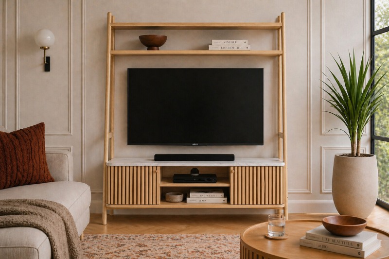 Soho Natural Oak Slatted 137cm Ladder TV Unit with Marble Top Soho Natural Oak Slatted 137cm Ladder TV Unit with Marble Top