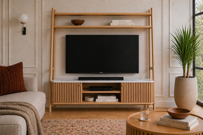 Soho Natural Oak Slatted 165cm Ladder TV Unit with Marble Top Soho Natural Oak Slatted 165cm Ladder TV Unit with Marble Top