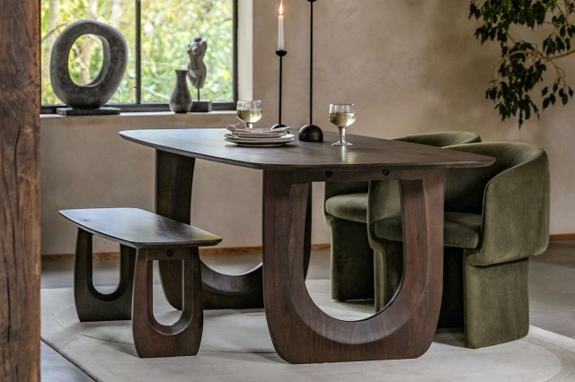 Gallery Direct Arc Walnut Mango Wood 200cm Dining Table Set with Bench & x2 Holm Chairs Gallery Direct Arc Walnut Mango Wood 200cm Dining Table Set with Bench & x2 Holm Chairs