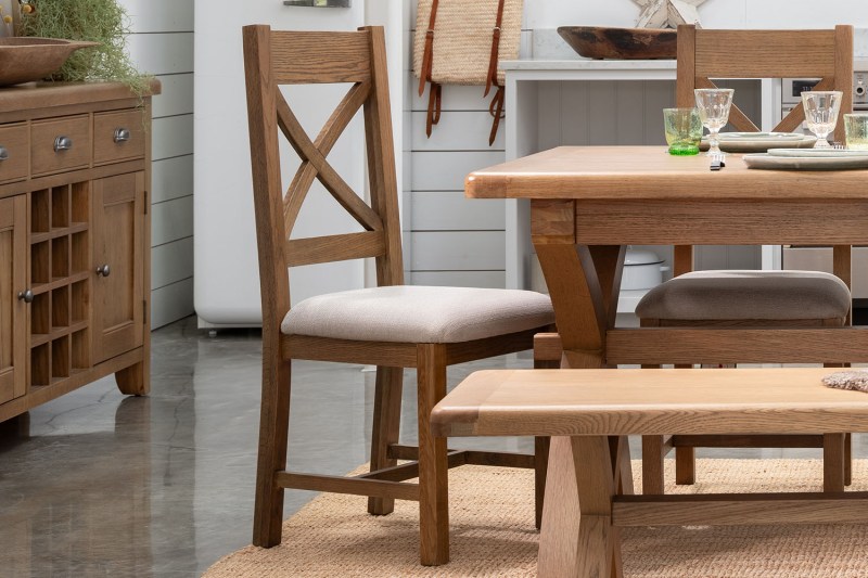 Tewkesbury Smoked Oak Upholstered Cross X Back Dining Chair (Pair) Tewkesbury Smoked Oak Upholstered Cross X Back Dining Chair (Pair)