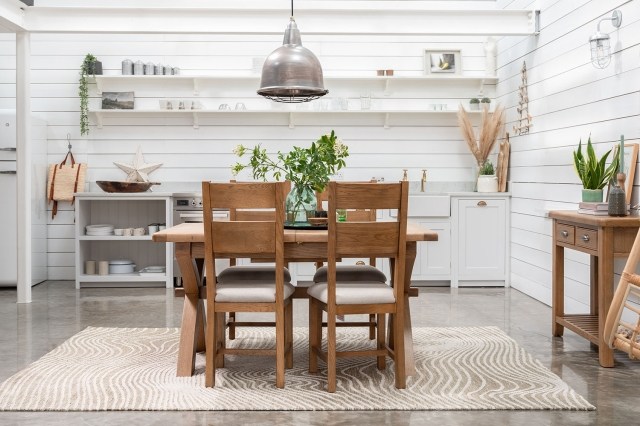 Tewkesbury Smoked Oak Cross-Leg 200-250cm Ext Dining Table Set with x4 Slat Back Chairs Tewkesbury Smoked Oak Cross-Leg 200-250cm Ext Dining Table Set with x4 Slat Back Chairs