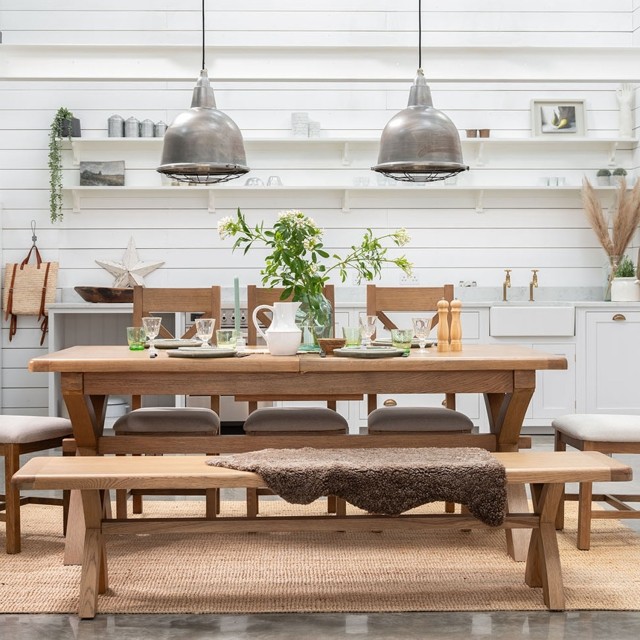 Tewkesbury Smoked Oak Cross-Leg 200-250cm Ext Dining Table Set