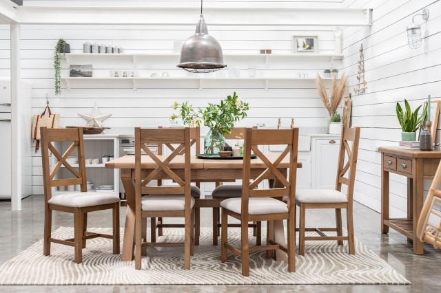Tewkesbury Smoked Oak Cross-Leg 200-250cm Ext Dining Table Set with x6 Cross Back Chairs Tewkesbury Smoked Oak Cross-Leg 200-250cm Ext Dining Table Set with x6 Cross Back Chairs