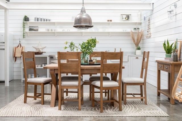 Tewkesbury Smoked Oak Cross-Leg 200-250cm Ext Dining Table Set with x6 Slat Back Chairs Tewkesbury Smoked Oak Cross-Leg 200-250cm Ext Dining Table Set with x6 Slat Back Chairs