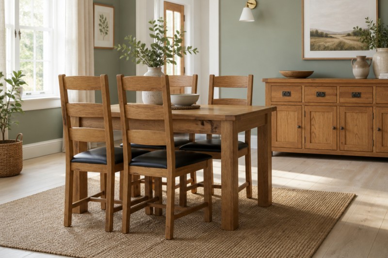 Salisbury Waxed Premium Oak Compact Ext Dining Table Set + 4 Slat Back PU Chairs Salisbury Waxed Premium Oak Compact Ext Dining Table Set + 4 Slat Back PU Chairs