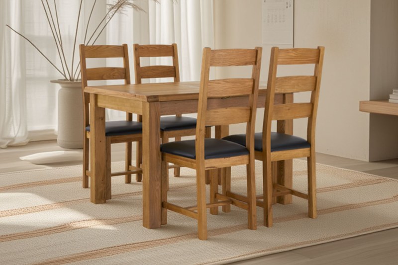 Salisbury Waxed Premium Oak Compact Ext Dining Table Set + 4 Slat Back PU Chairs Salisbury Waxed Premium Oak Compact Ext Dining Table Set + 4 Slat Back PU Chairs