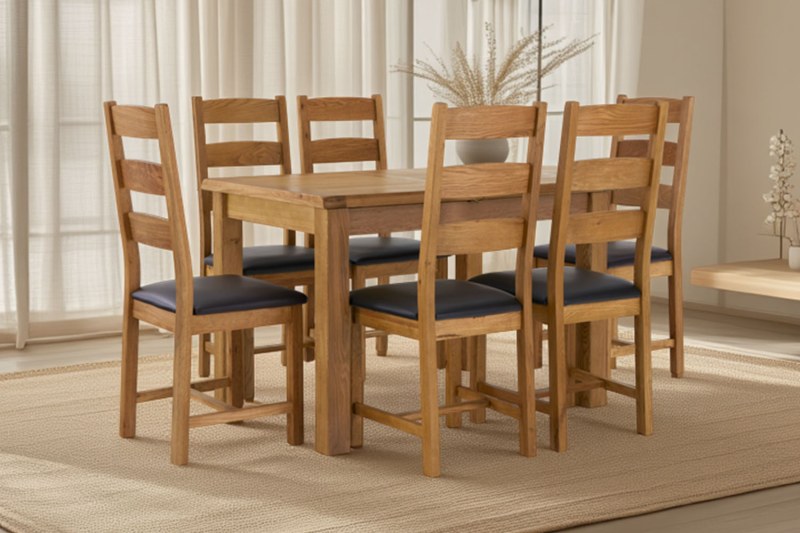 Salisbury Waxed Premium Oak Compact Ext Dining Table Set + 6 Slat Back PU Chairs Salisbury Waxed Premium Oak Compact Ext Dining Table Set + 6 Slat Back PU Chairs