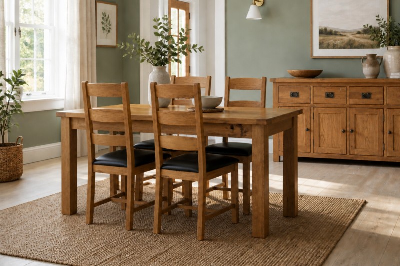 Salisbury Waxed Premium Oak Small Ext Dining Table Set + 4 Slat Back PU Chairs Salisbury Waxed Premium Oak Small Ext Dining Table Set + 4 Slat Back PU Chairs
