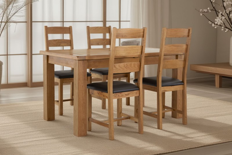Salisbury Waxed Premium Oak Small Ext Dining Table Set + 4 Slat Back PU Chairs Salisbury Waxed Premium Oak Small Ext Dining Table Set + 4 Slat Back PU Chairs